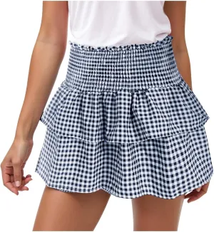 Mini Ruffle Skirt Women Pleated A Line Smocked Plaid Boho Elastic High Waist Layered Y2k Tiered Short Skirts