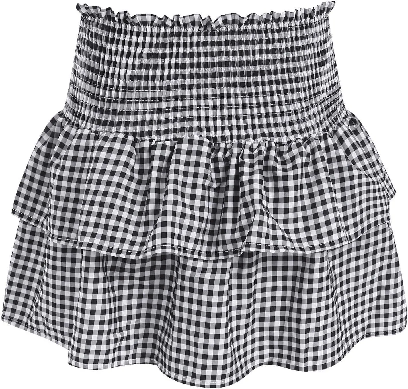Mini Ruffle Skirt Women Pleated A Line Smocked Plaid Boho Elastic High Waist Layered Y2k Tiered Short Skirts
