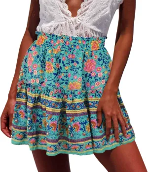 Mini Skirt Women Boho Floral Printed Skirts Vintage Drawstring High Waist Pleated A Line High Waist Mini Flowy