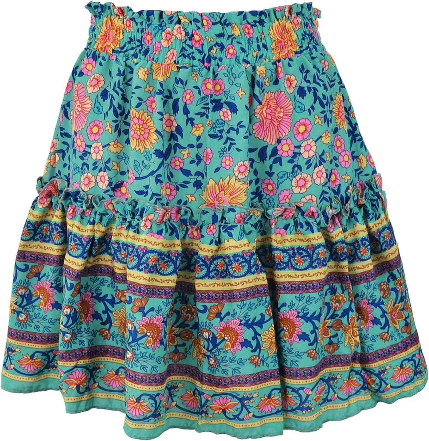 Mini Skirt Women Boho Floral Printed Skirts Vintage Drawstring High Waist Pleated A Line High Waist Mini Flowy