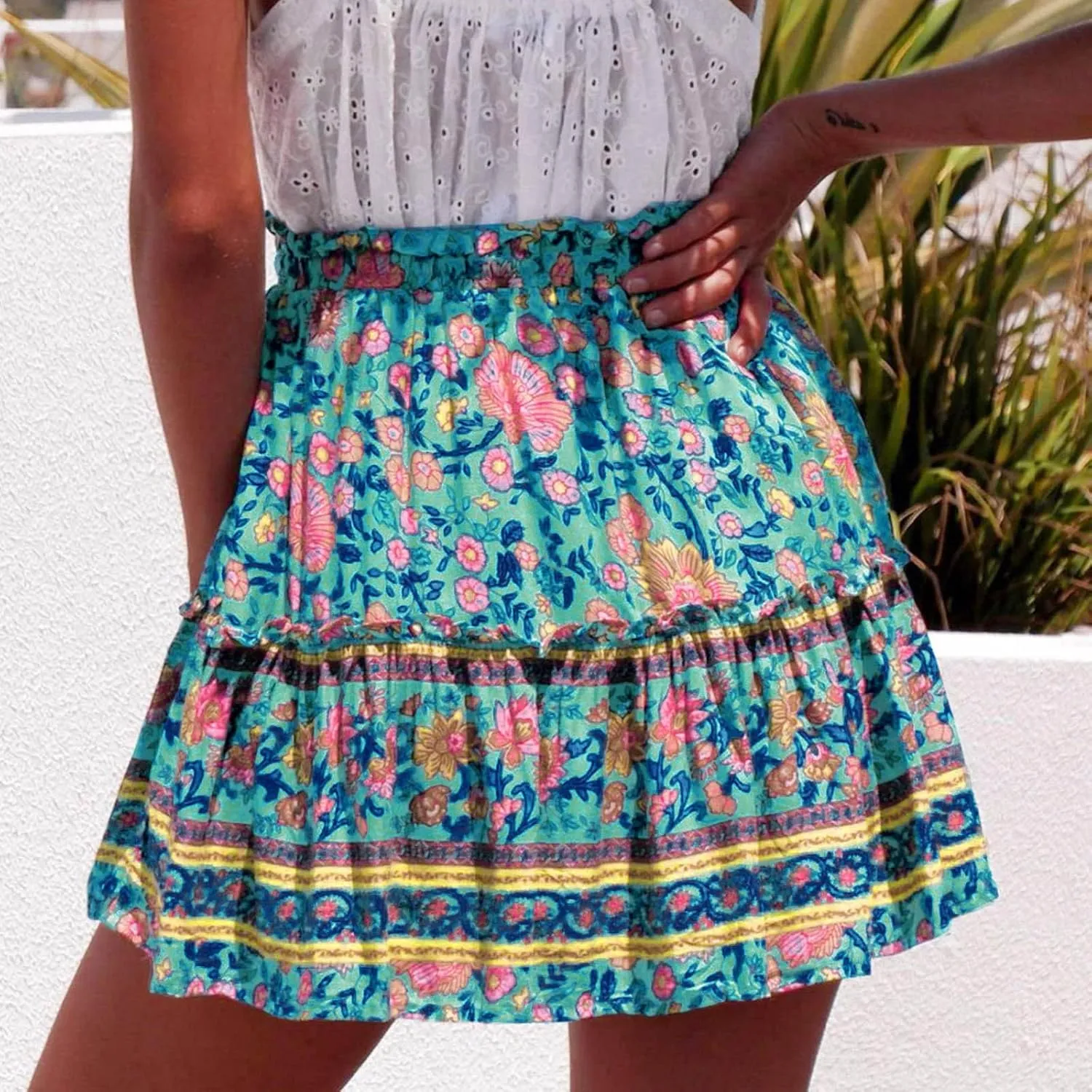 Mini Skirt Women Boho Floral Printed Skirts Vintage Drawstring High Waist Pleated A Line High Waist Mini Flowy