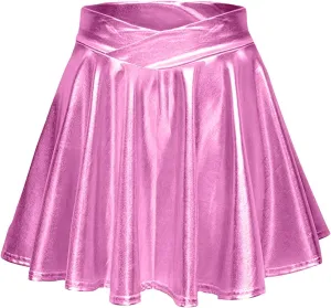 Mini Skirt Women's Fashion High Waist Pleated Solid Color Short Skirt Loose Skirt Metallic Skater Skirt Women