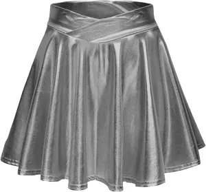 Mini Skirt Women's Fashion High Waist Pleated Solid Color Short Skirt Loose Skirt Metallic Skater Skirt Women