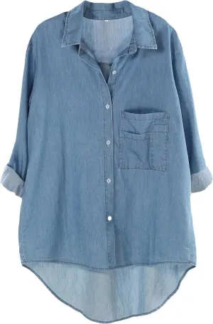 Minibee Women's Long Sleeve Shirts Button Down Blouse Cotton Tunic High Low Tops
