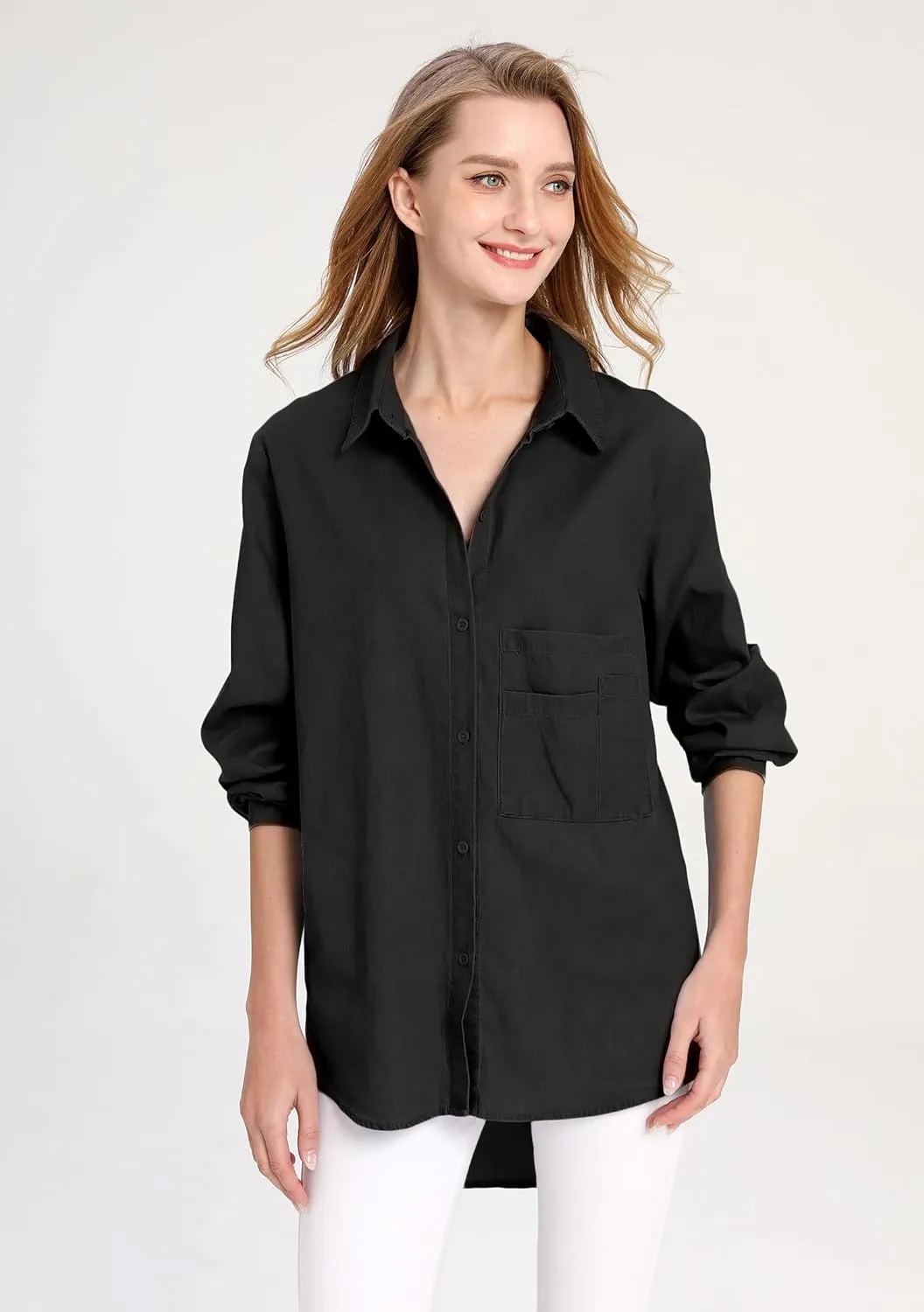 Minibee Women's Long Sleeve Shirts Button Down Blouse Cotton Tunic High Low Tops