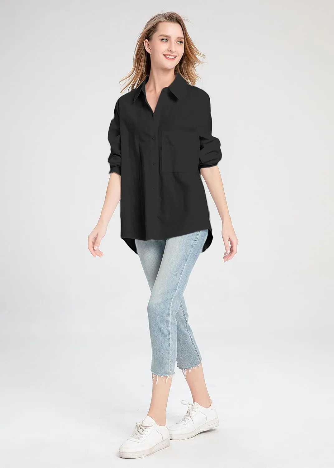 Minibee Women's Long Sleeve Shirts Button Down Blouse Cotton Tunic High Low Tops