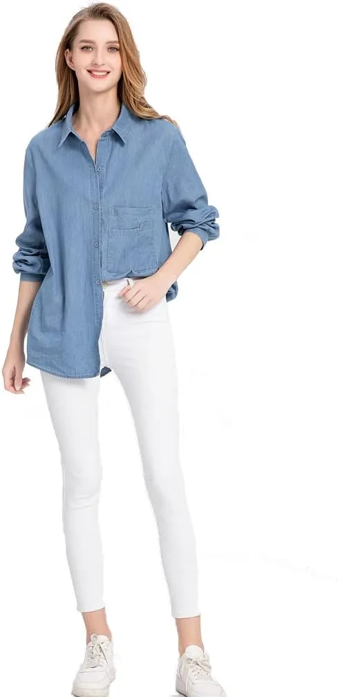 Minibee Women's Long Sleeve Shirts Button Down Blouse Cotton Tunic High Low Tops