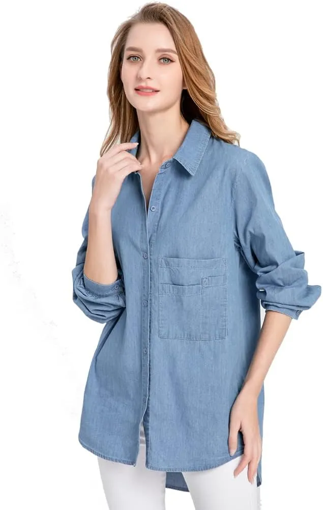 Minibee Women's Long Sleeve Shirts Button Down Blouse Cotton Tunic High Low Tops