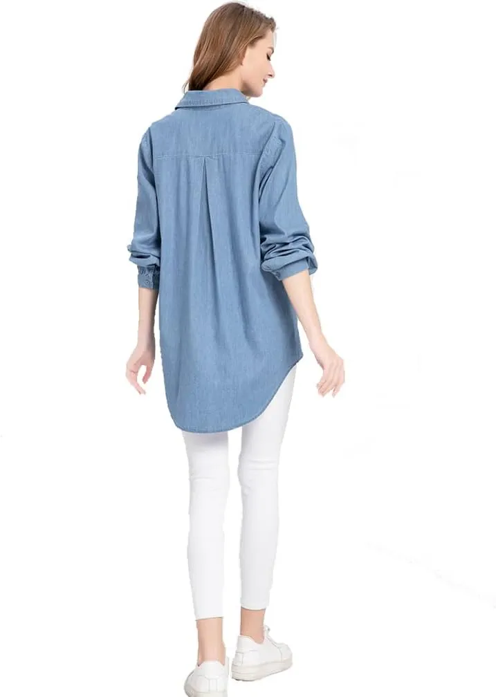 Minibee Women's Long Sleeve Shirts Button Down Blouse Cotton Tunic High Low Tops