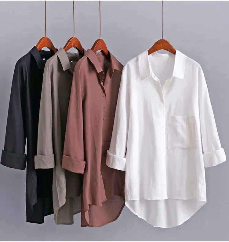 Minibee Women's Long Sleeve Shirts Button Down Blouse Cotton Tunic High Low Tops