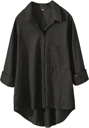 Minibee Women's Long Sleeve Shirts Button Down Blouse Cotton Tunic High Low Tops