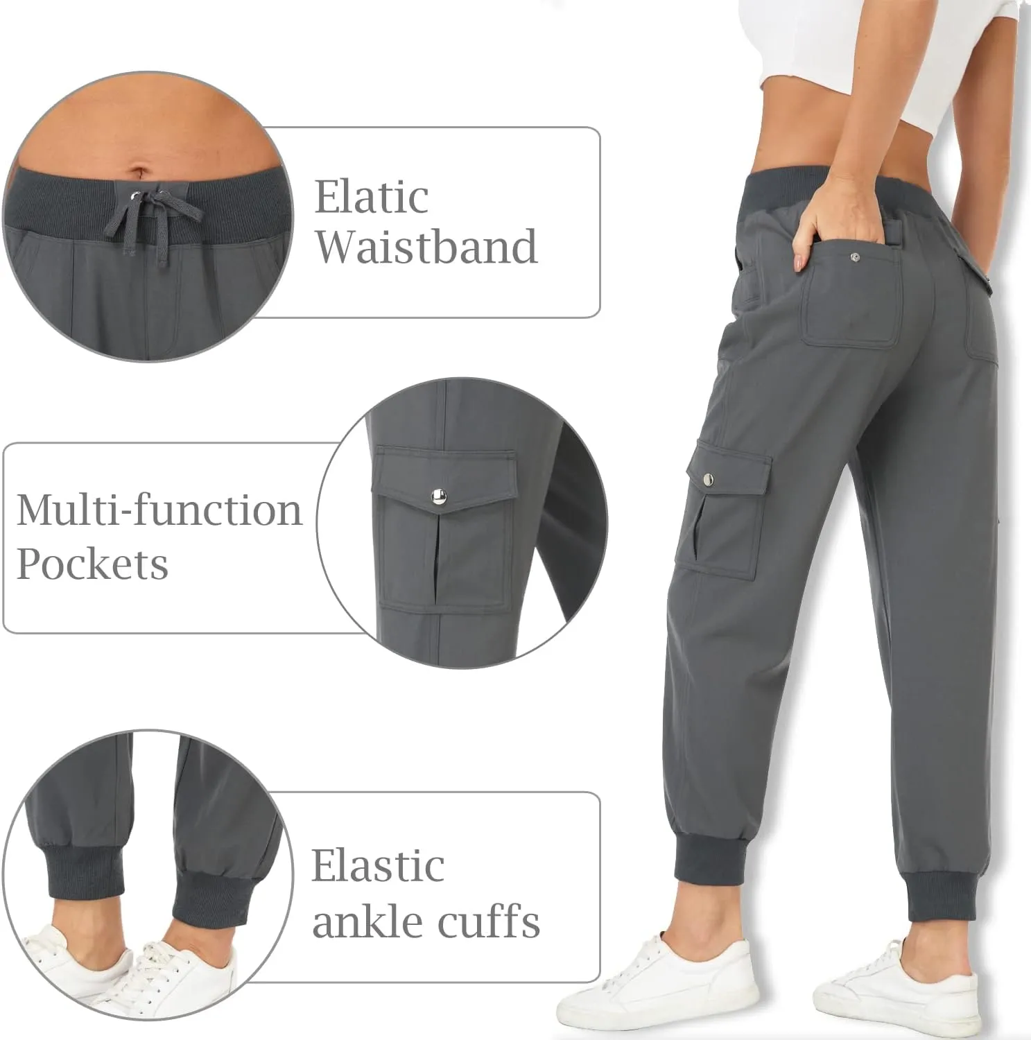 MISS MOLY Women's Hiking Cargo Pants Joggers Lightweight Quick Dry Casual Sweatpants Elastic Waist Button Pockets