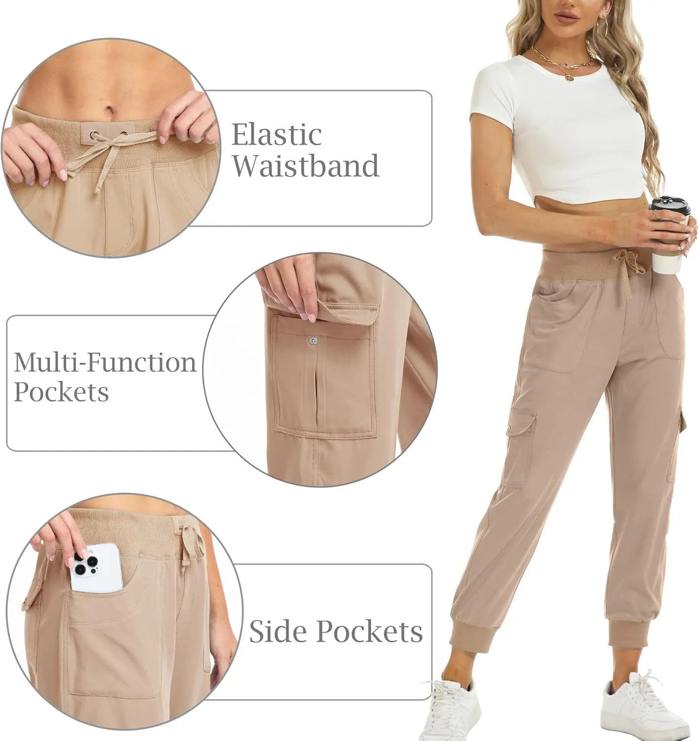 MISS MOLY Women's Hiking Cargo Pants Joggers Lightweight Quick Dry Casual Sweatpants Elastic Waist Button Pockets