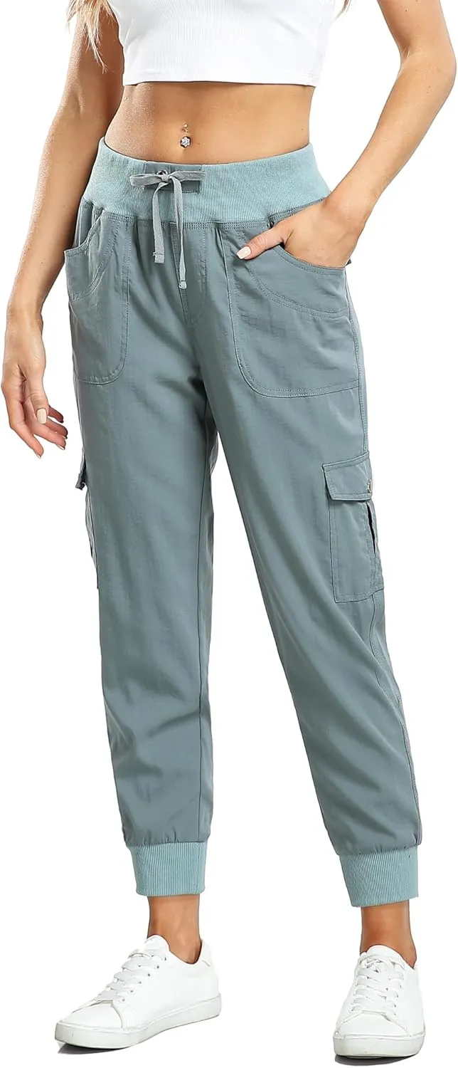 MISS MOLY Women's Hiking Cargo Pants Joggers Lightweight Quick Dry Casual Sweatpants Elastic Waist Button Pockets