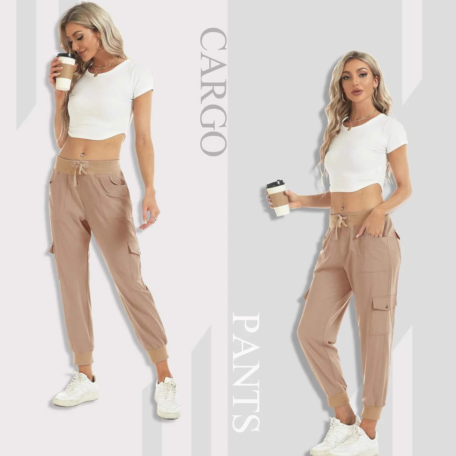 MISS MOLY Women's Hiking Cargo Pants Joggers Lightweight Quick Dry Casual Sweatpants Elastic Waist Button Pockets
