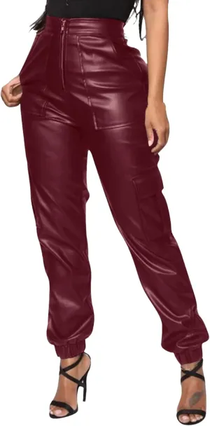 Miyaomn Womens Stretch Faux Leather Pants High Waisted Cuffed Ankle PU Leather Trousers Baggy Jogger Cargo Pants with Pockets
