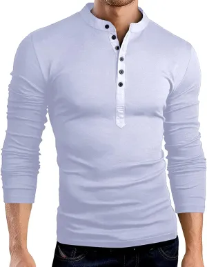Muscle Slim Fit Henley Shirt for Men Casual Long Sleeve Button Down V Neck Shirts Gym Fitness Athletic Tees Tops