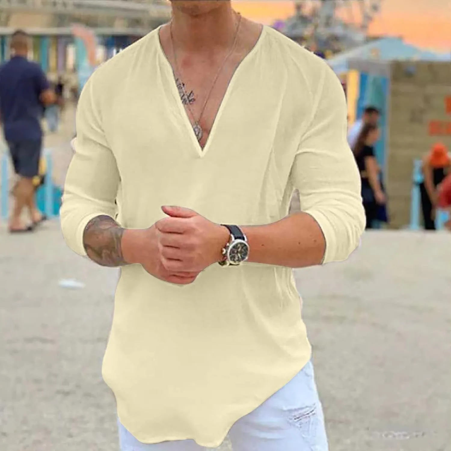 Muscularfit Mens Cotton Linen Shirts Casual Stylish Deep V Neck 3/4 Sleeve 2023 Summer Top Loose Regular-Fit Elegant T Shirt