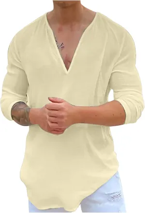 Muscularfit Mens Cotton Linen Shirts Casual Stylish Deep V Neck 3/4 Sleeve 2023 Summer Top Loose Regular-Fit Elegant T Shirt