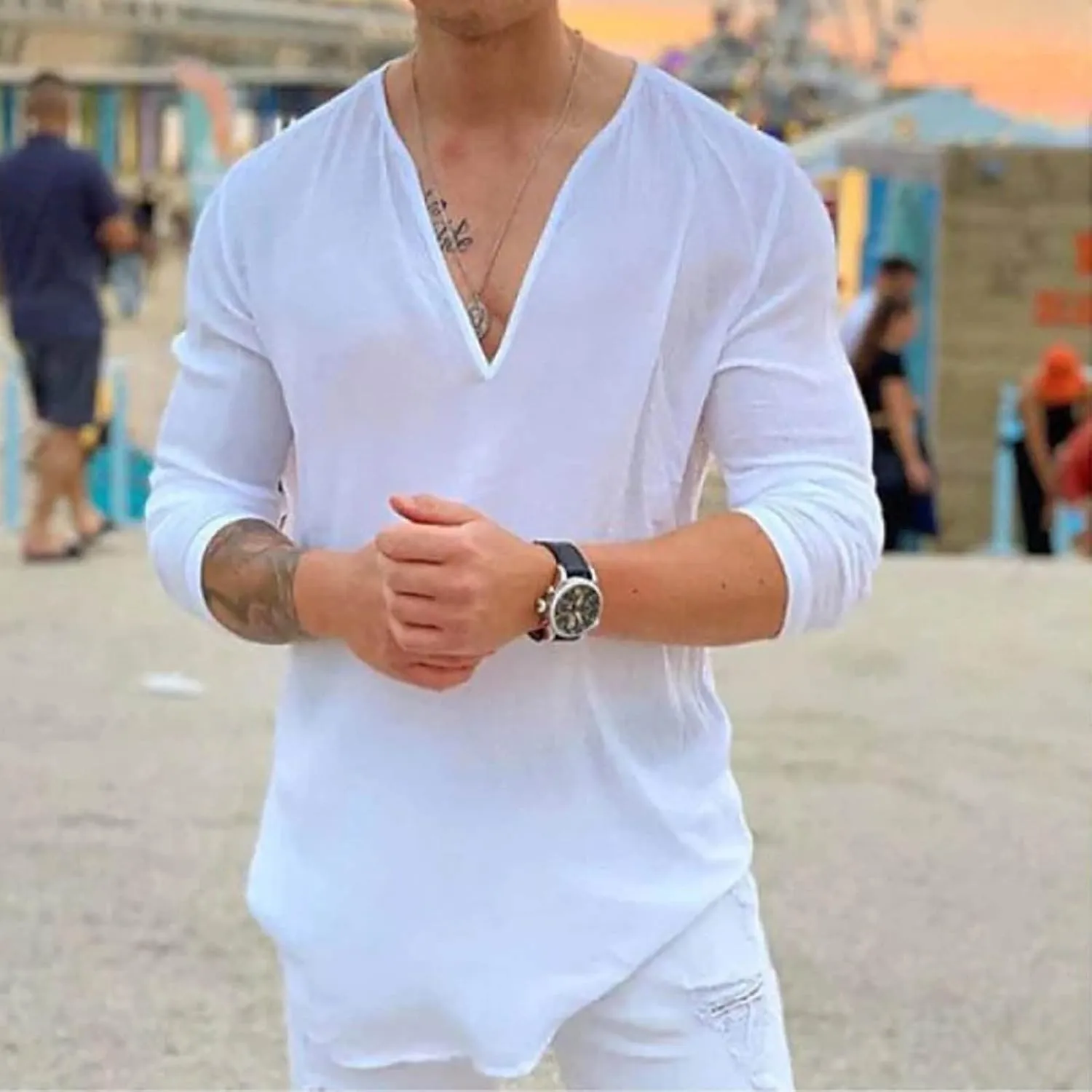 Muscularfit Mens Cotton Linen Shirts Casual Stylish Deep V Neck 3/4 Sleeve 2023 Summer Top Loose Regular-Fit Elegant T Shirt