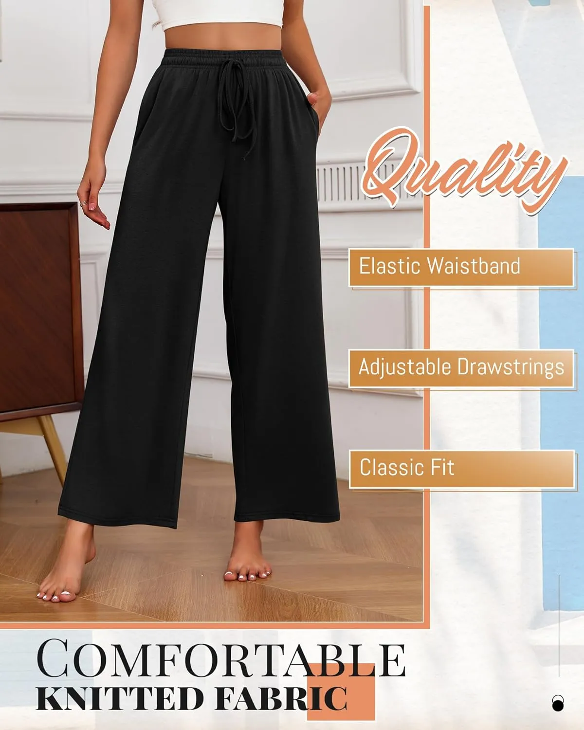 Neer 3 Pack Women's Drawstring Pants Casual Wide Leg Lounge Pants Yoga Sweatpants Loose Summer Comfy Palazzo with Pockets