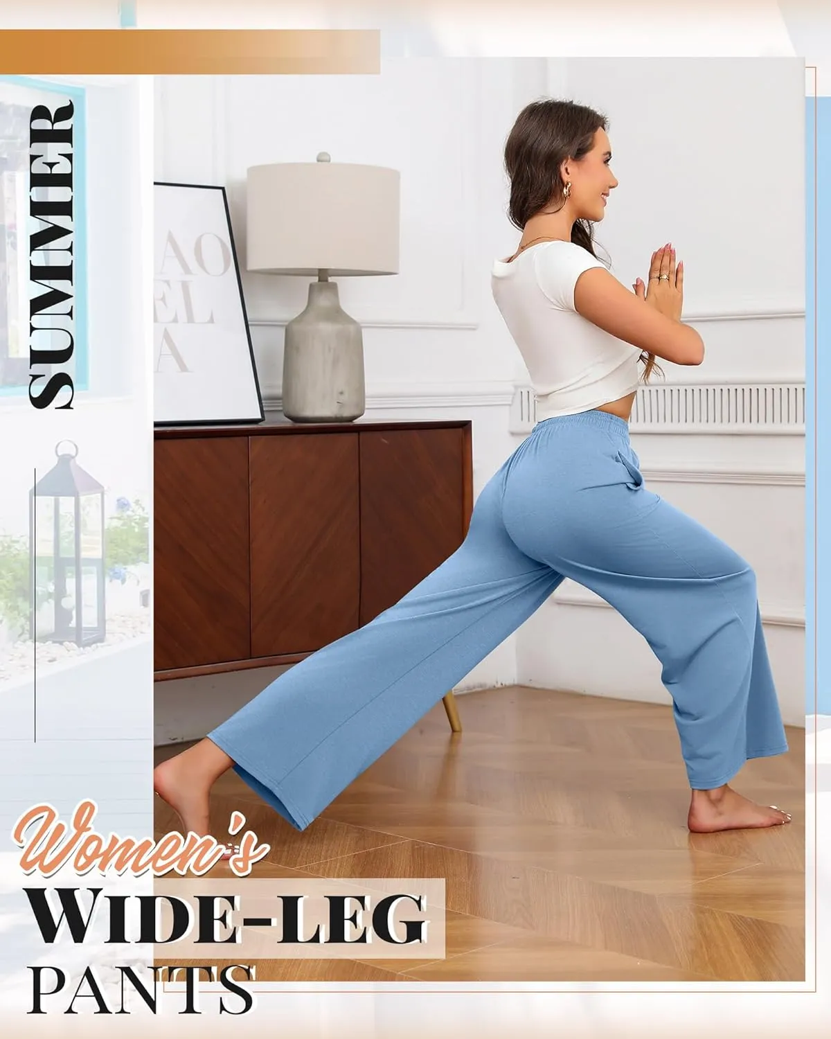 Neer 3 Pack Women's Drawstring Pants Casual Wide Leg Lounge Pants Yoga Sweatpants Loose Summer Comfy Palazzo with Pockets