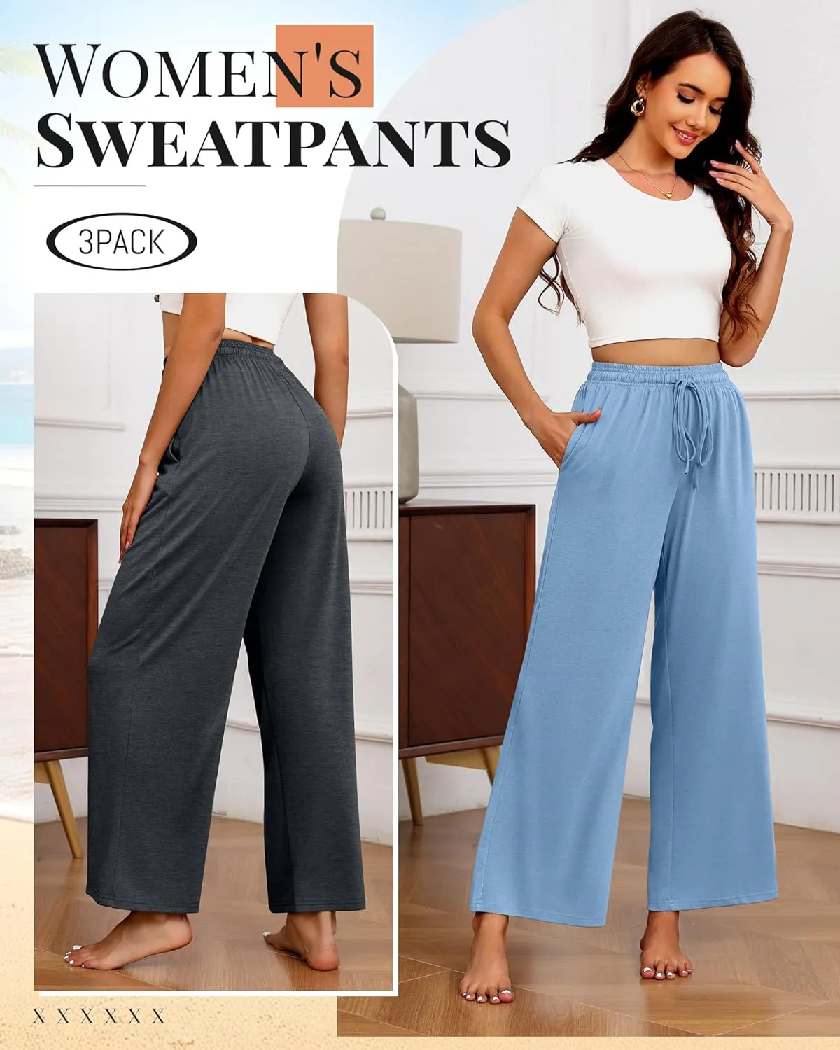 Neer 3 Pack Women's Drawstring Pants Casual Wide Leg Lounge Pants Yoga Sweatpants Loose Summer Comfy Palazzo with Pockets