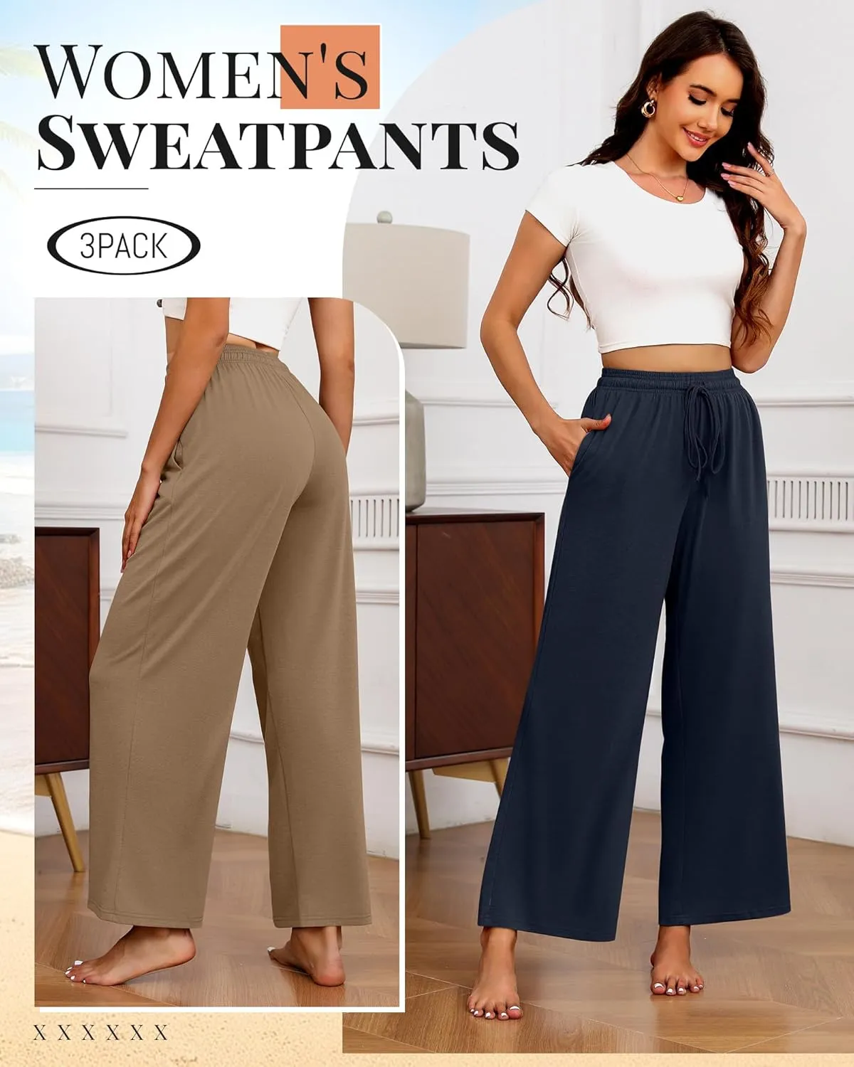 Neer 3 Pack Women's Drawstring Pants Casual Wide Leg Lounge Pants Yoga Sweatpants Loose Summer Comfy Palazzo with Pockets