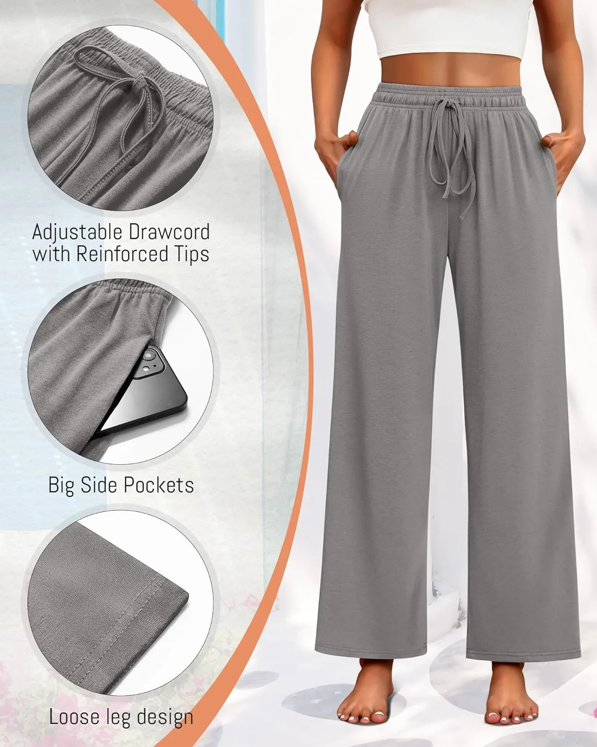 Neer 3 Pack Women's Drawstring Pants Casual Wide Leg Lounge Pants Yoga Sweatpants Loose Summer Comfy Palazzo with Pockets