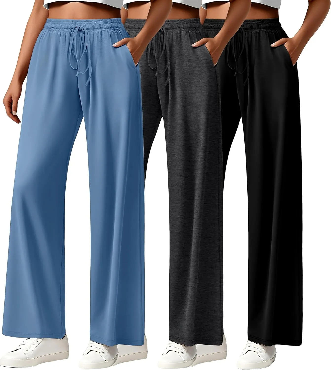 Neer 3 Pack Women's Drawstring Pants Casual Wide Leg Lounge Pants Yoga Sweatpants Loose Summer Comfy Palazzo with Pockets