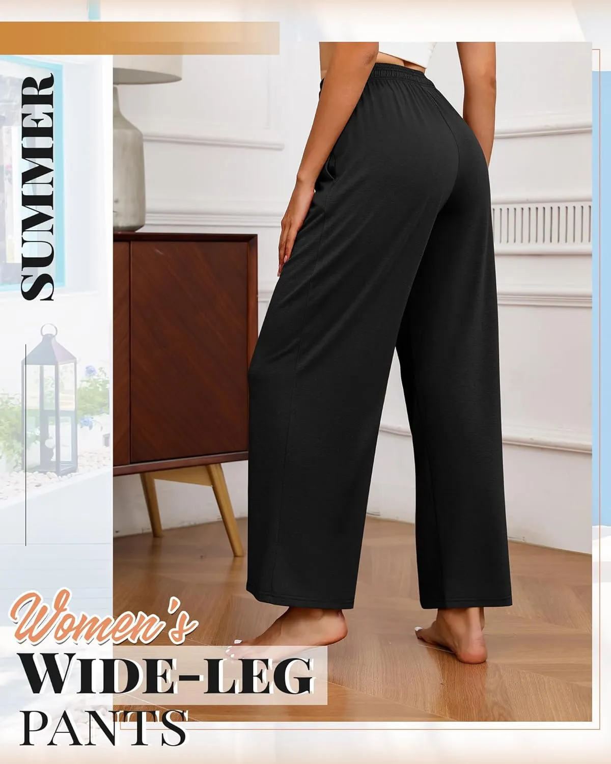 Neer 3 Pack Women's Drawstring Pants Casual Wide Leg Lounge Pants Yoga Sweatpants Loose Summer Comfy Palazzo with Pockets