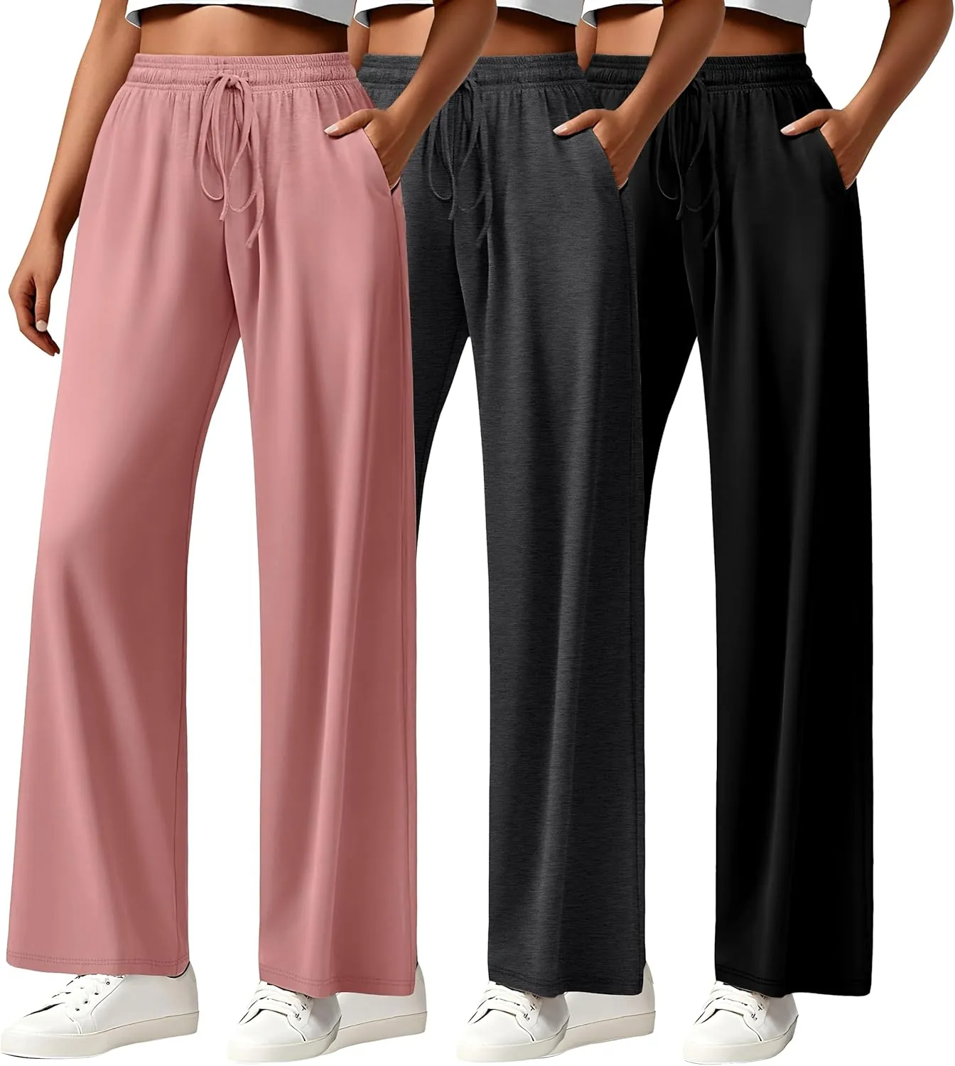 Neer 3 Pack Women's Drawstring Pants Casual Wide Leg Lounge Pants Yoga Sweatpants Loose Summer Comfy Palazzo with Pockets