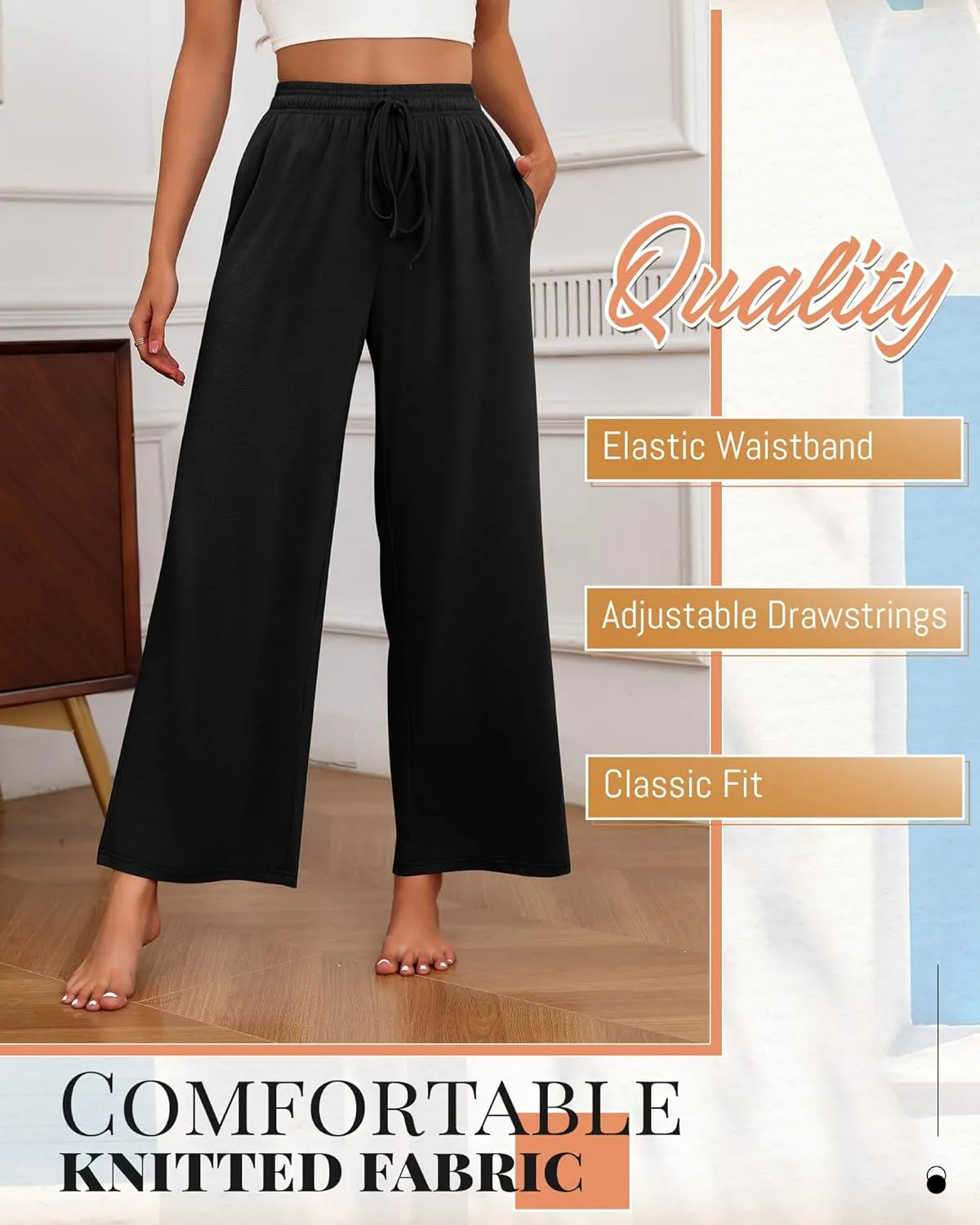 Neer 3 Pack Women's Drawstring Pants Casual Wide Leg Lounge Pants Yoga Sweatpants Loose Summer Comfy Palazzo with Pockets