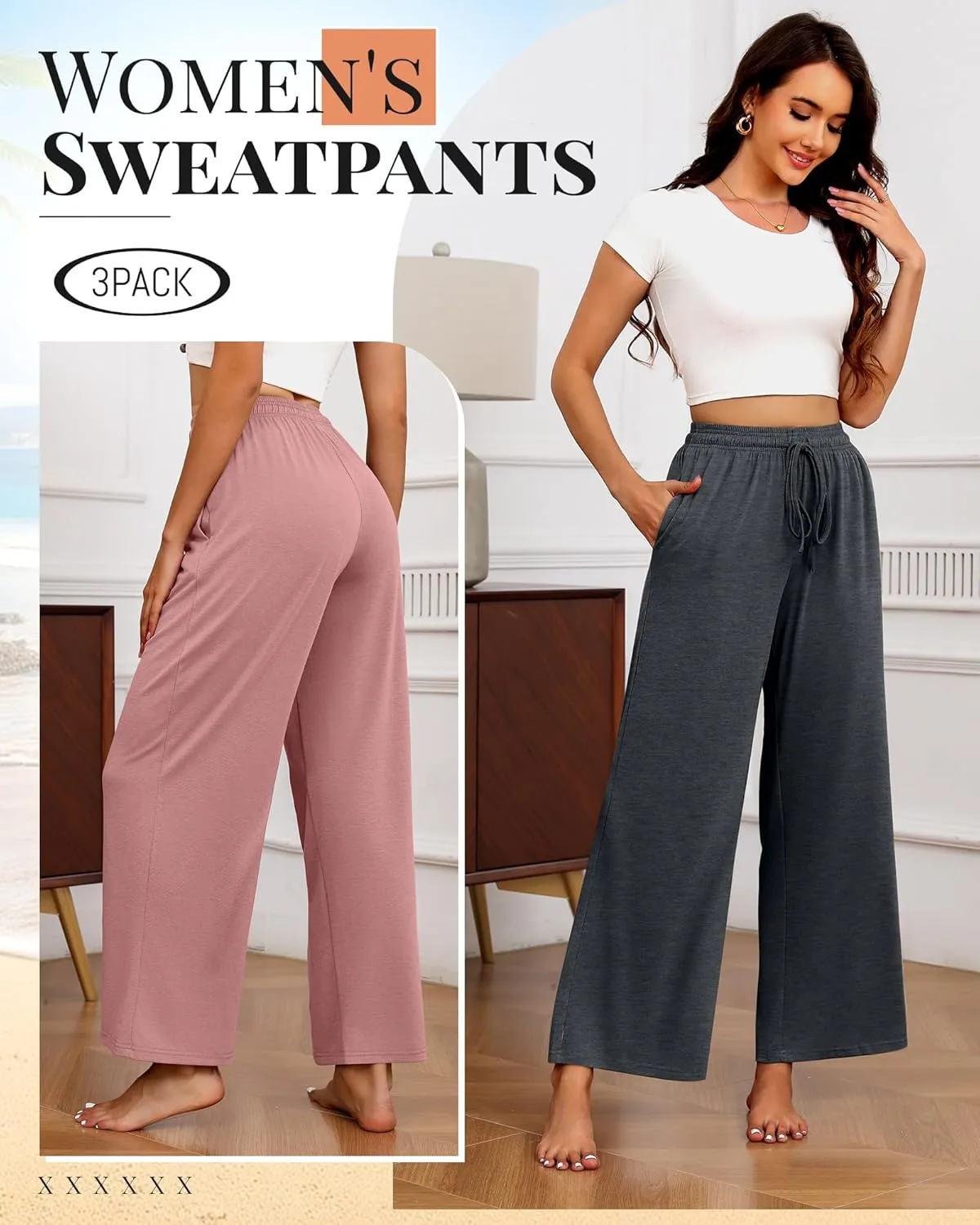 Neer 3 Pack Women's Drawstring Pants Casual Wide Leg Lounge Pants Yoga Sweatpants Loose Summer Comfy Palazzo with Pockets