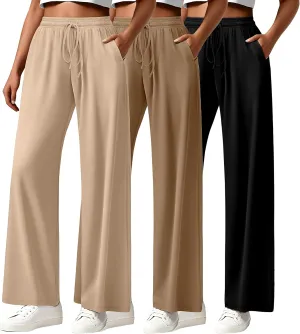 Neer 3 Pack Women's Drawstring Pants Casual Wide Leg Lounge Pants Yoga Sweatpants Loose Summer Comfy Palazzo with Pockets