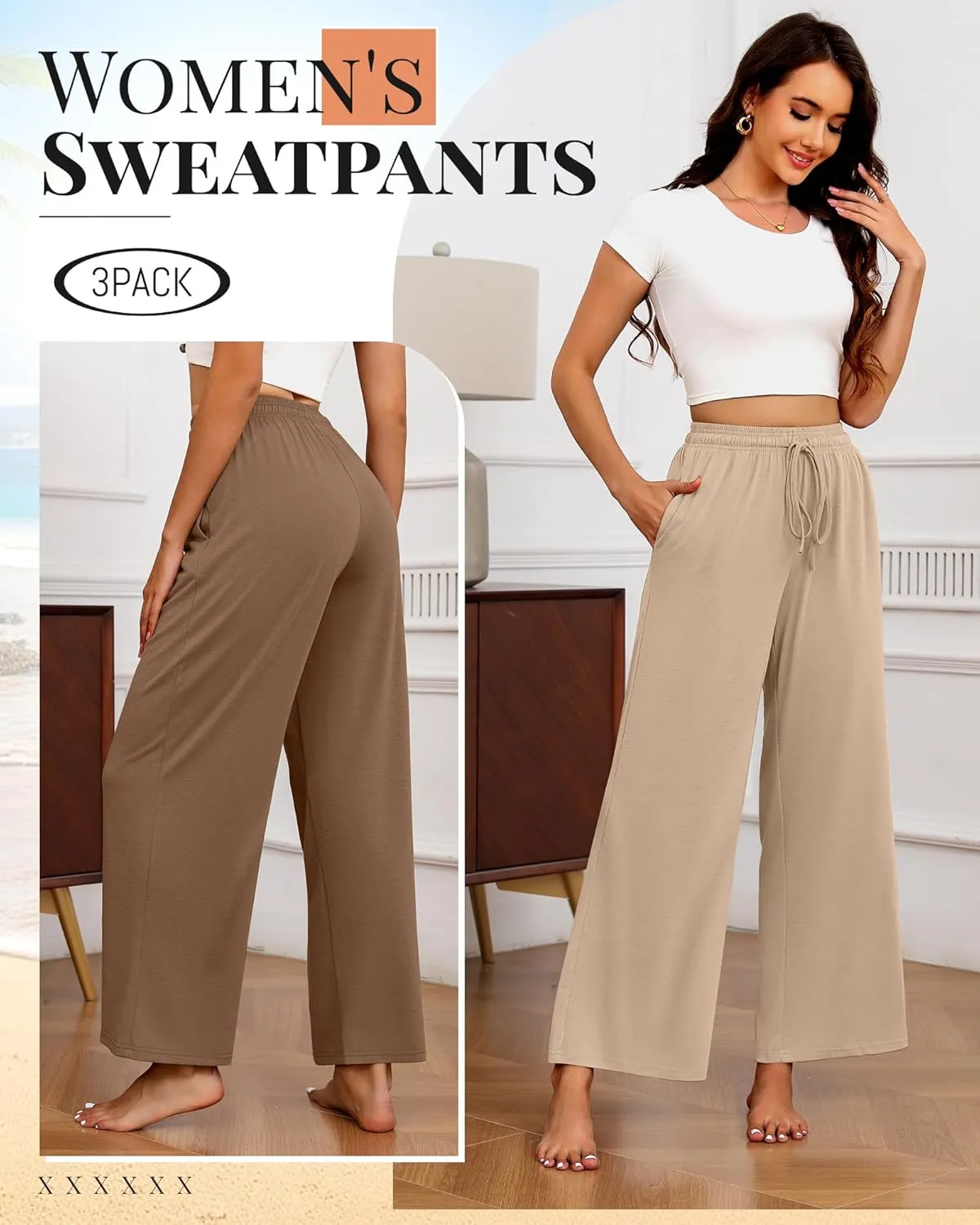 Neer 3 Pack Women's Drawstring Pants Casual Wide Leg Lounge Pants Yoga Sweatpants Loose Summer Comfy Palazzo with Pockets