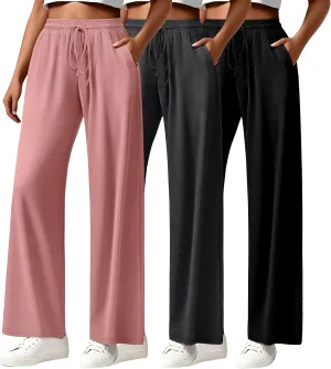 Neer 3 Pack Women's Drawstring Pants Casual Wide Leg Lounge Pants Yoga Sweatpants Loose Summer Comfy Palazzo with Pockets