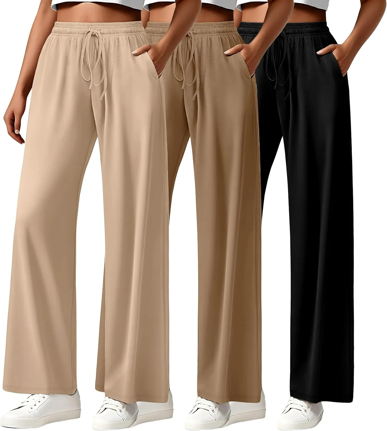 Neer 3 Pack Women's Drawstring Pants Casual Wide Leg Lounge Pants Yoga Sweatpants Loose Summer Comfy Palazzo with Pockets