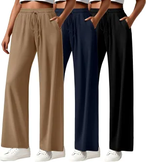 Neer 3 Pack Women's Drawstring Pants Casual Wide Leg Lounge Pants Yoga Sweatpants Loose Summer Comfy Palazzo with Pockets