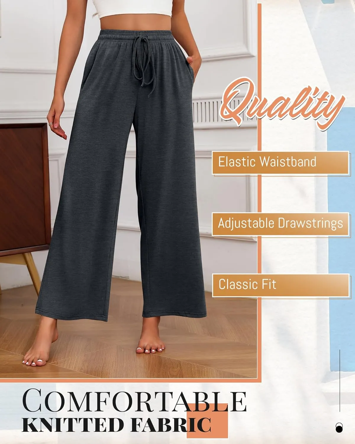 Neer 3 Pack Women's Drawstring Pants Casual Wide Leg Lounge Pants Yoga Sweatpants Loose Summer Comfy Palazzo with Pockets