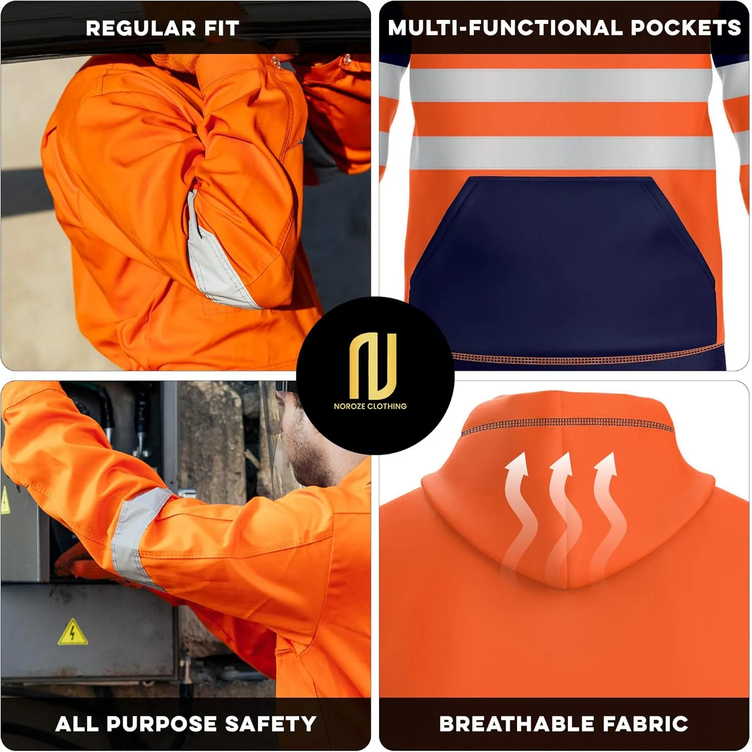 NOROZE Mens Hi-Viz Pullover Hoodie Grey Reflective Tape High Visibility Safety Coat Sweatshirt