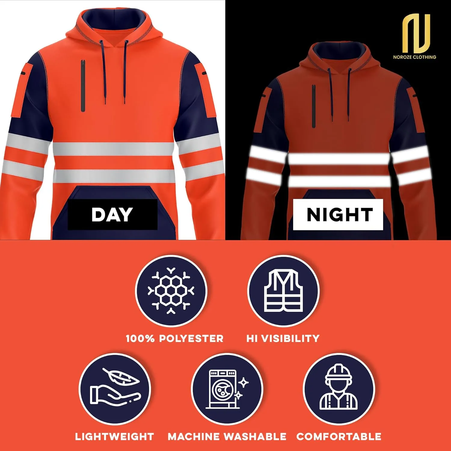 NOROZE Mens Hi-Viz Pullover Hoodie Grey Reflective Tape High Visibility Safety Coat Sweatshirt