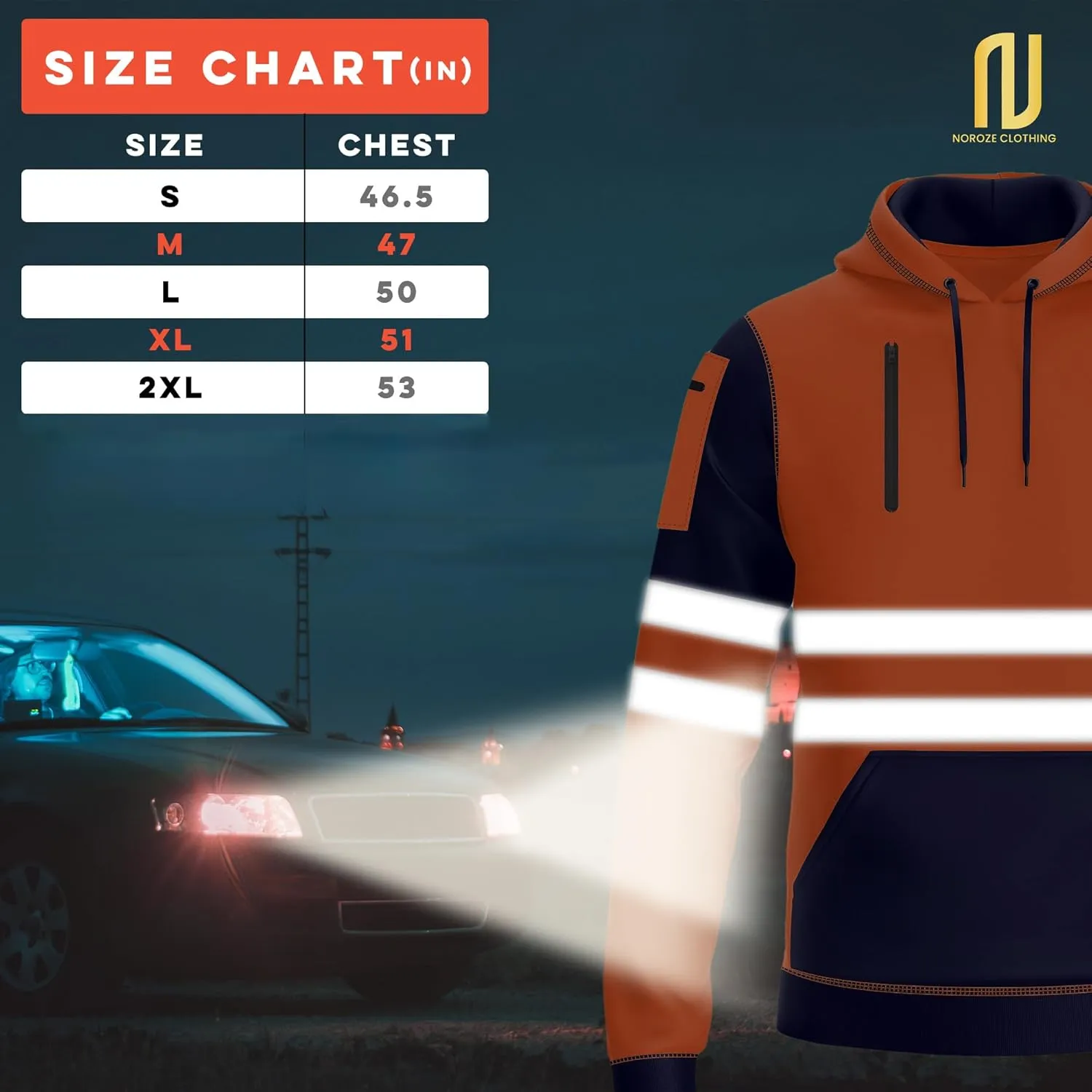 NOROZE Mens Hi-Viz Pullover Hoodie Grey Reflective Tape High Visibility Safety Coat Sweatshirt