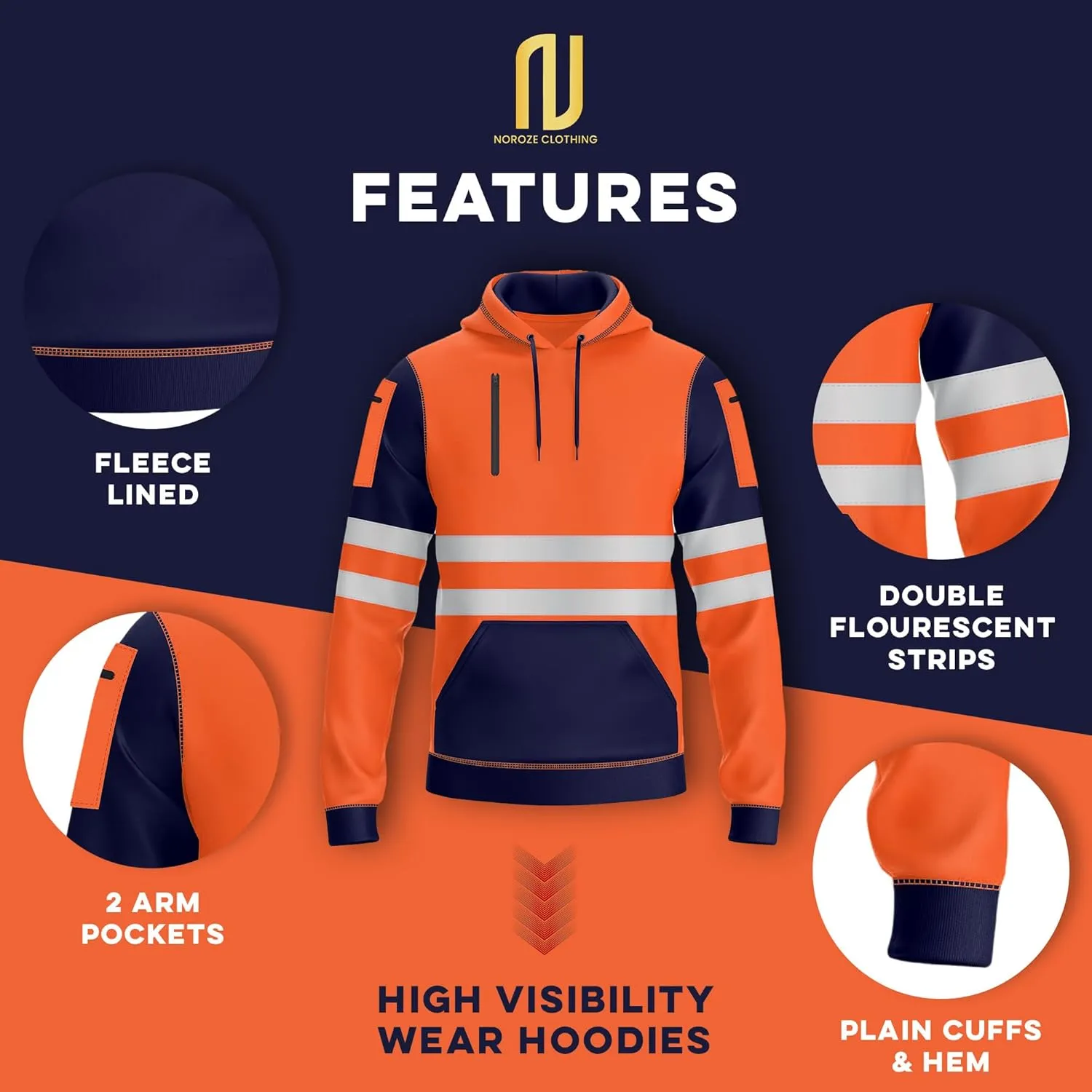 NOROZE Mens Hi-Viz Pullover Hoodie Grey Reflective Tape High Visibility Safety Coat Sweatshirt