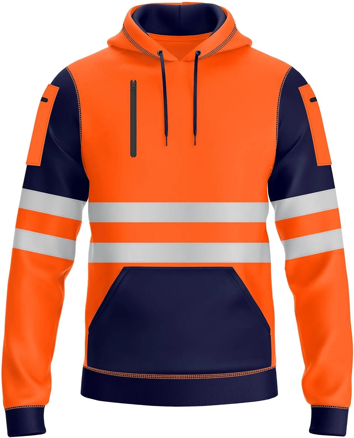 NOROZE Mens Hi-Viz Pullover Hoodie Grey Reflective Tape High Visibility Safety Coat Sweatshirt