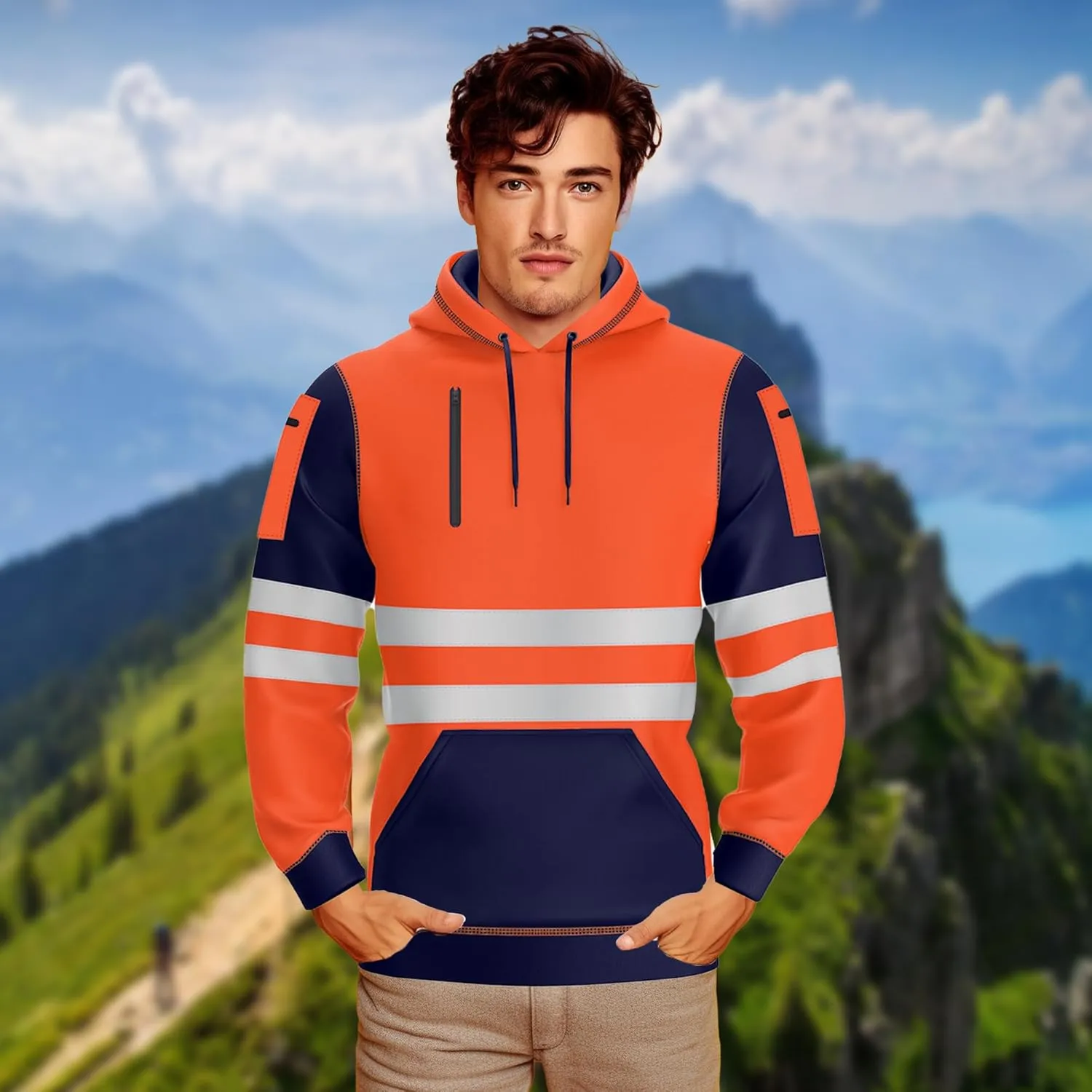 NOROZE Mens Hi-Viz Pullover Hoodie Grey Reflective Tape High Visibility Safety Coat Sweatshirt