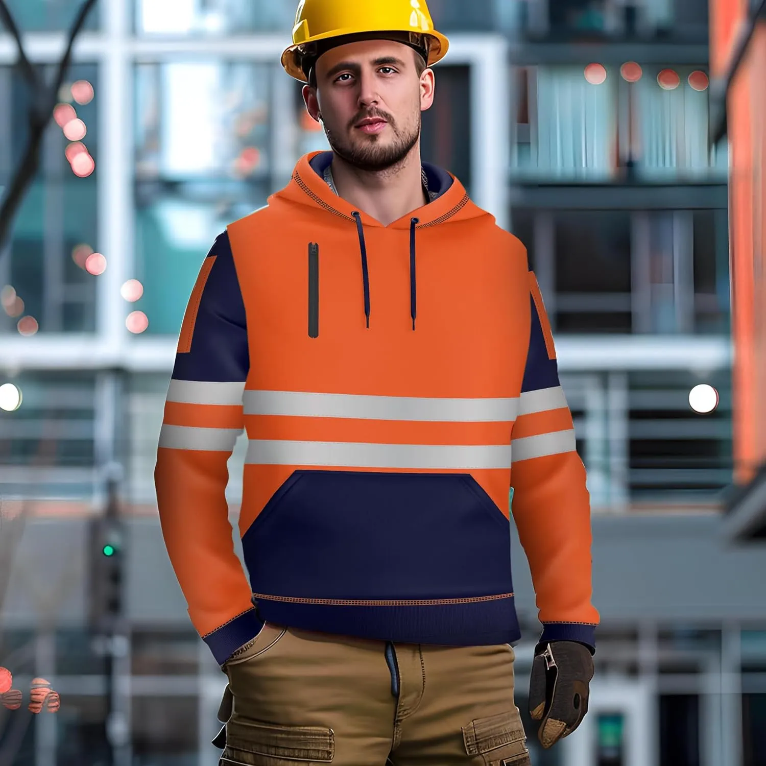 NOROZE Mens Hi-Viz Pullover Hoodie Grey Reflective Tape High Visibility Safety Coat Sweatshirt