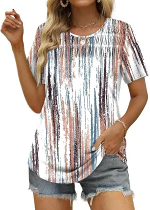 OFEEFAN Women's Summer Tops 2025 Trendy Short Sleeve Shirts Smocked Crewneck Tee