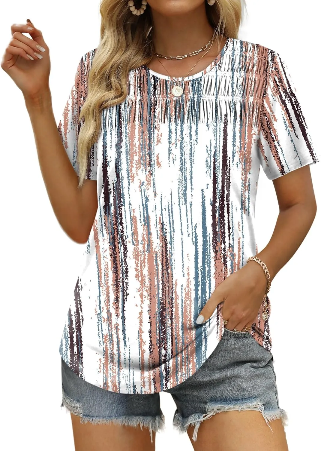 OFEEFAN Women's Summer Tops 2025 Trendy Short Sleeve Shirts Smocked Crewneck Tee