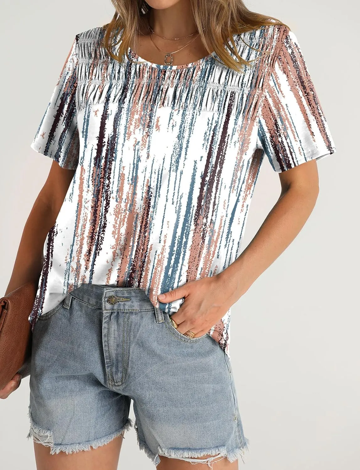 OFEEFAN Women's Summer Tops 2025 Trendy Short Sleeve Shirts Smocked Crewneck Tee